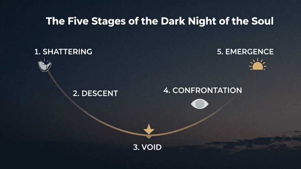 five stages of the dark night of the soul diagram: shattering, descent, void, confrontation, emergence. Dark Night of the Soul.Spiritual Awakening