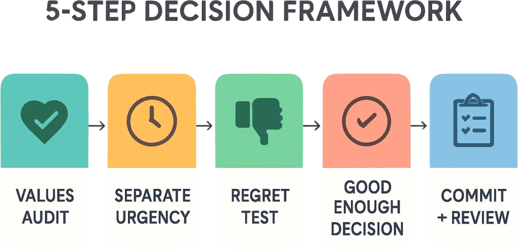 5-step framework infographic for making decisions when you feel lost or directionless"