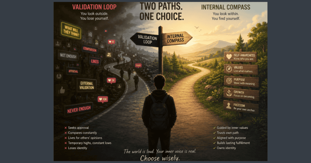 Infographic showing the divergence between the external validation loop and a purpose driven by internal compass—psychology of approval-seeking