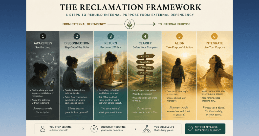 Six-step reclamation framework diagram for rebuilding personal purpose after external validation dependency.