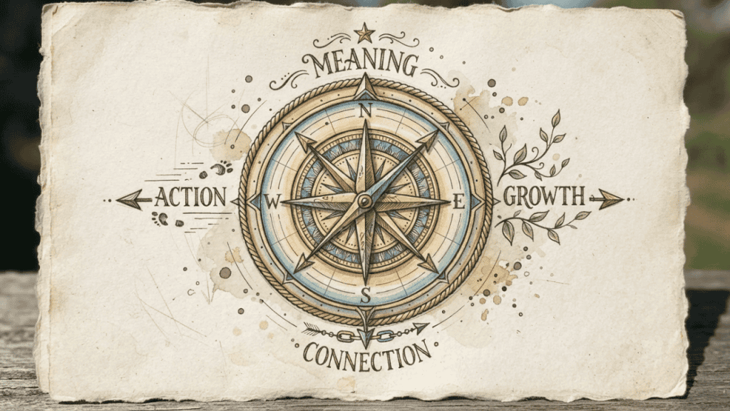 Hand-drawn compass illustration with four directions labeled meaning, growth, connection, and action.