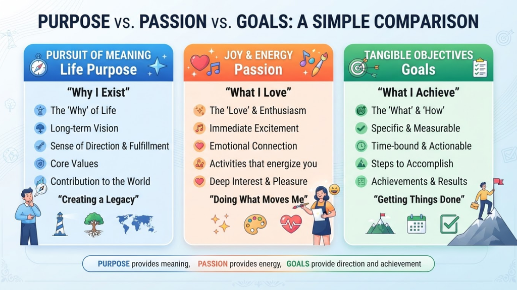 Simple comparison graphic distinguishing life purpose, passion, and goals.